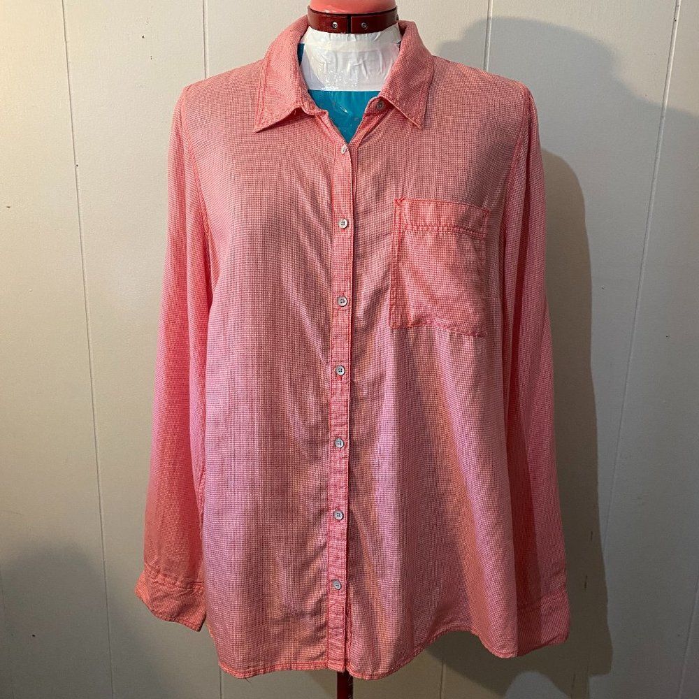 Red and White Gingham Checked Lightweight Button Down Womens Top Size 1X